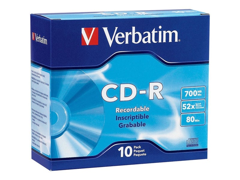 Verbatim Cd-R Recordable Disc, 700 Mb/80 Min, 52x, Slim Jewel Case, Silver, 10/Pack
